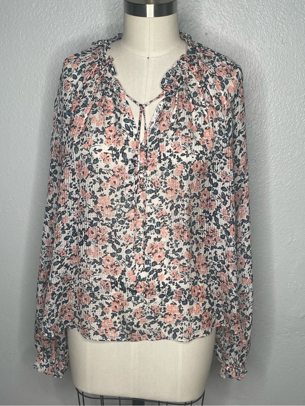 Veronica Beard Pink Blue Floral Long-Sleeve Silk Blouse. Cottage Feminine. 14